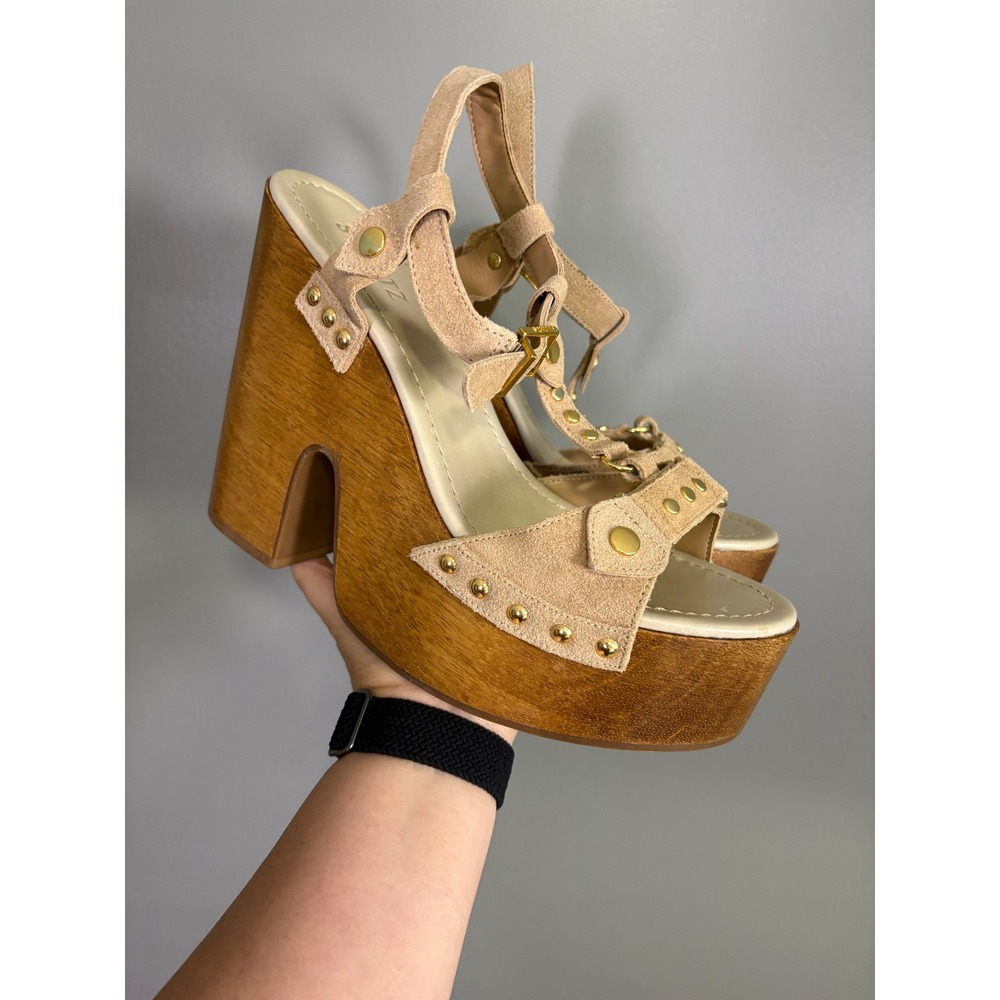 NWOB Schutz Stevie Cutout Platform Wedge Sandals Women 10B Suede Studded Wood
